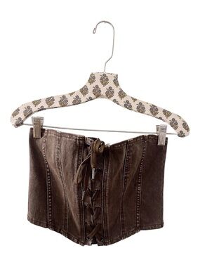 Factorie Denim Bustier Corset Brown Jean Lace Up Crop Top Brown NWT